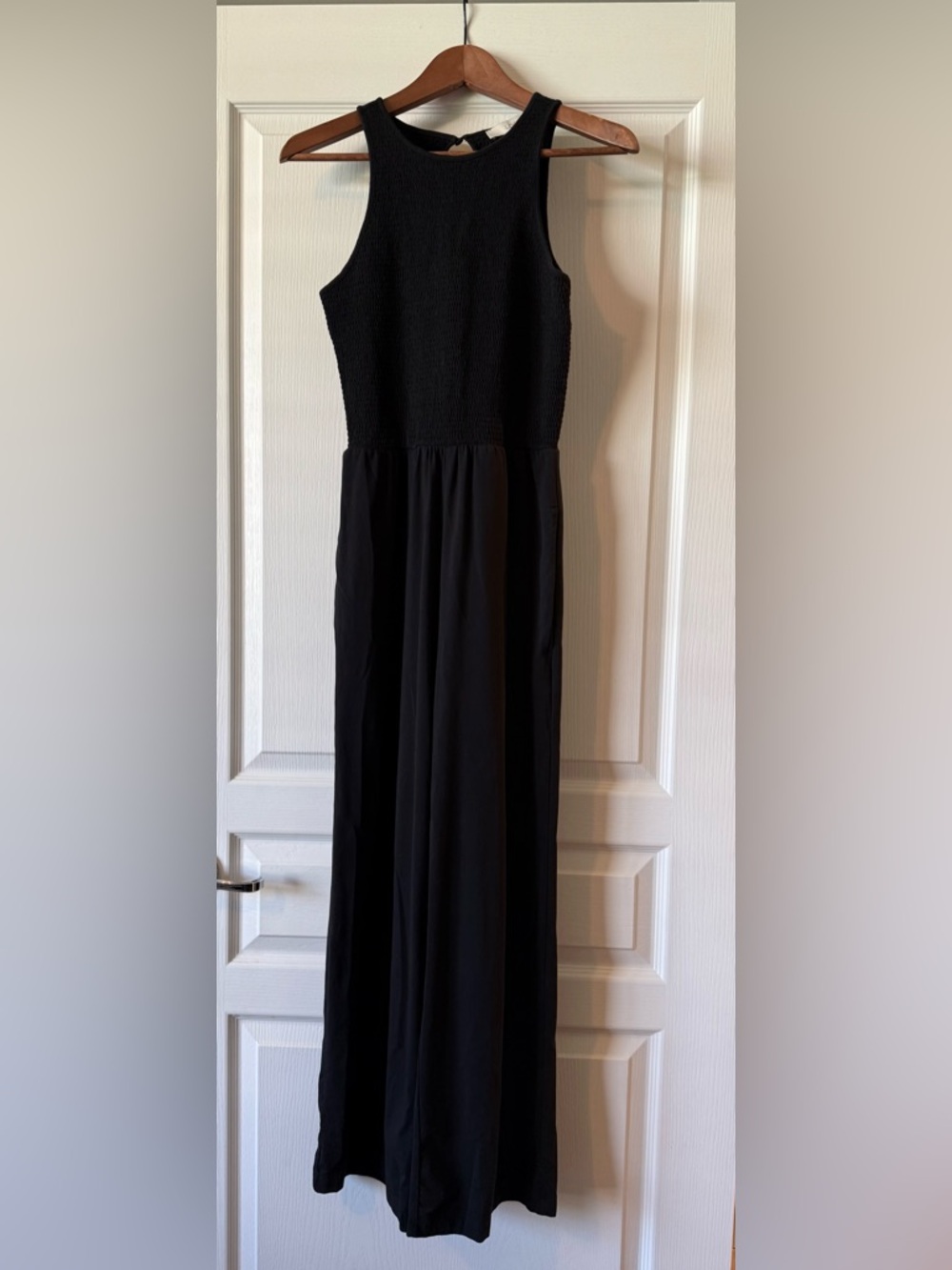 LOFT Black Sleeveless One Piece Jumpsuit with Smocked Bodice
